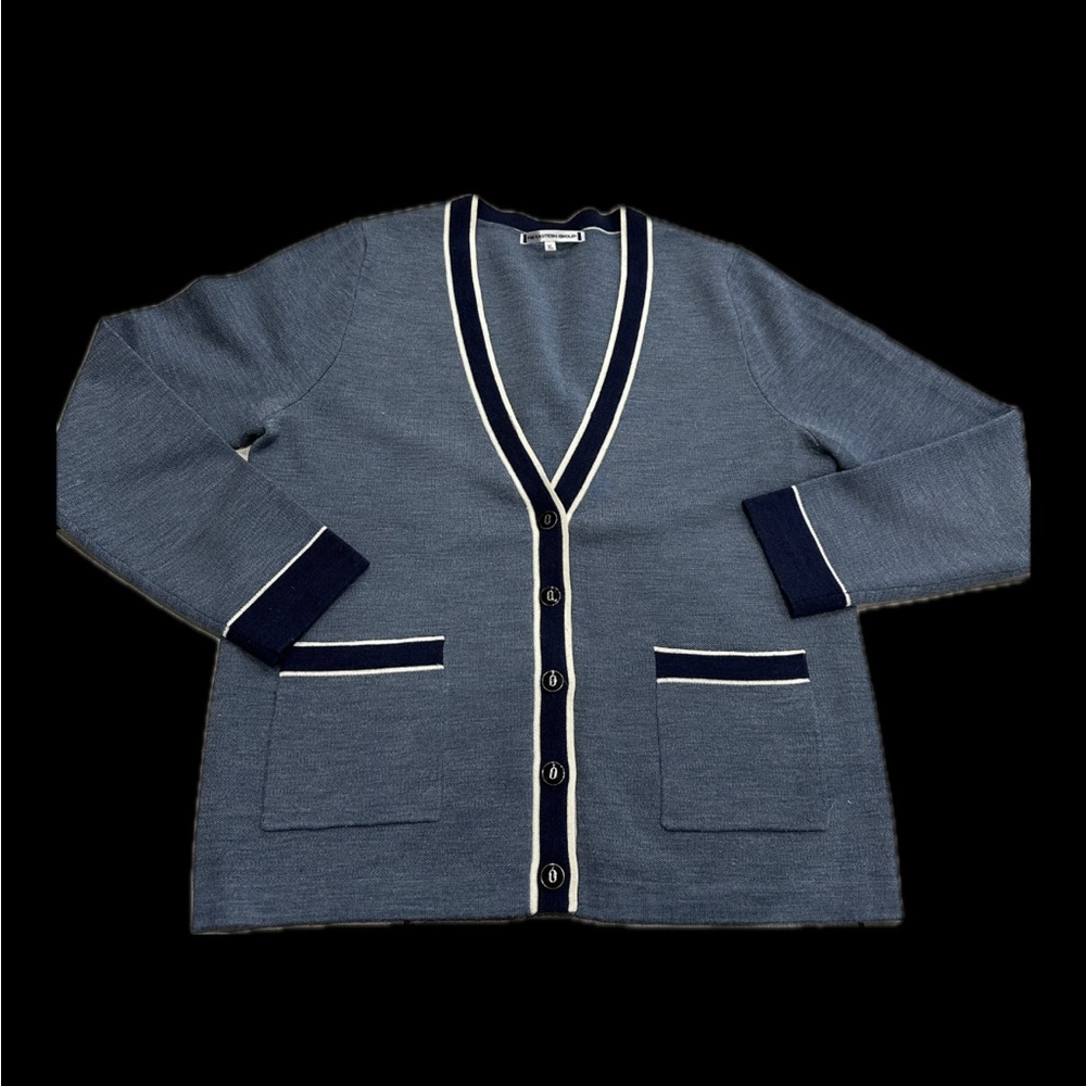 Vintage Preppy Blue Wool Blend Cardigan | Size XL (Runs Small – Fits M/L)